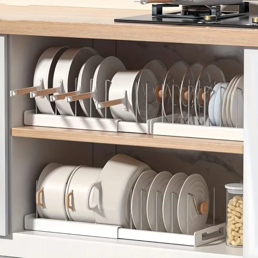 Expandable Pot & Pan Organizer with Adjustable U-Shaped Dividers – Vertical Cookware Storage for Lids, pans and tray - My Store