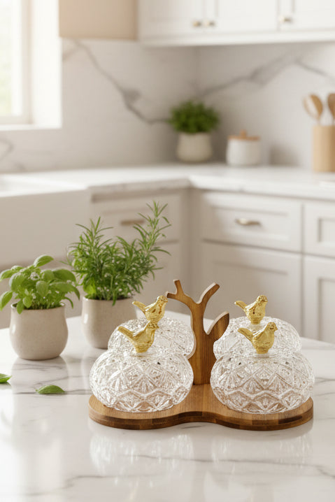Premium 4-Piece Crystal Glass Bird Lid Dry Fruit & Snack Serving Set with Wooden Tree-Shaped Stand