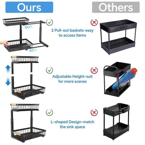 2-Tier Adjustable Under Sink Organizer Rack with Sliding Baskets