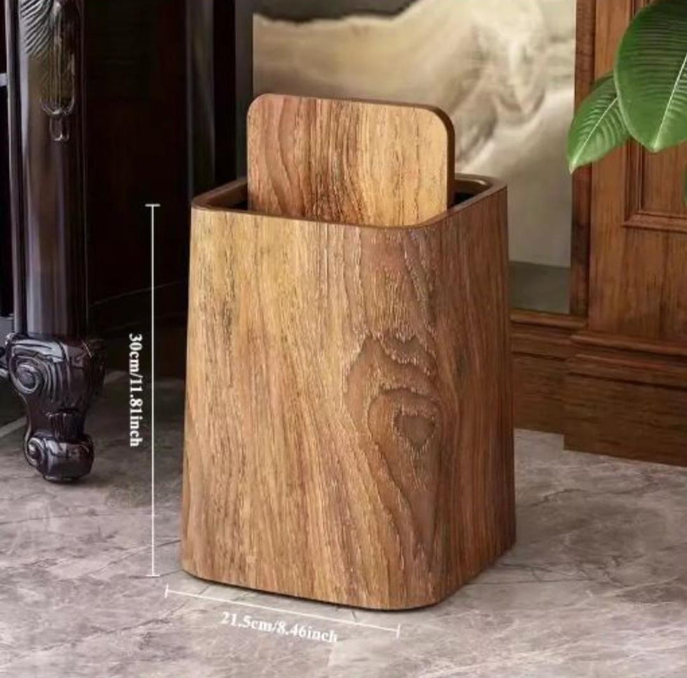 Modern Wood-Grain Swing-Lid Trash Can