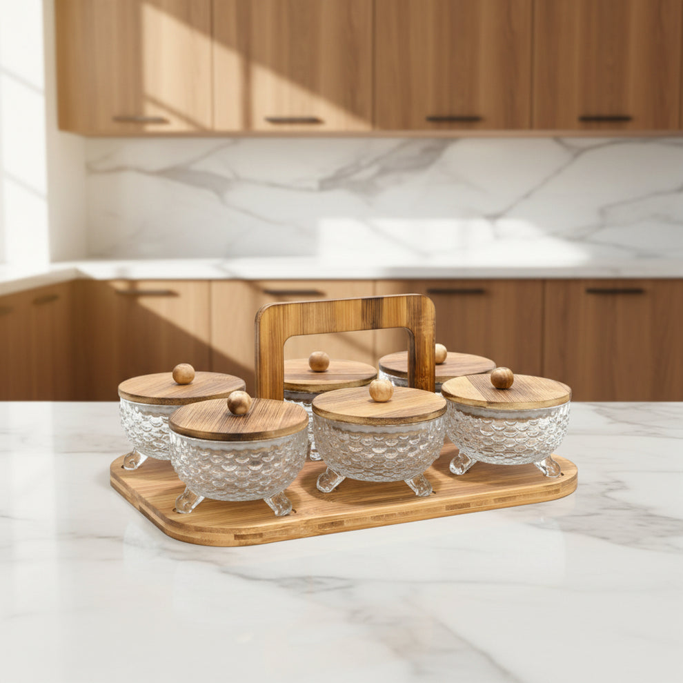 6-Piece Crystal Glass Dry Fruit & Snack Serving Set with Wooden Stand