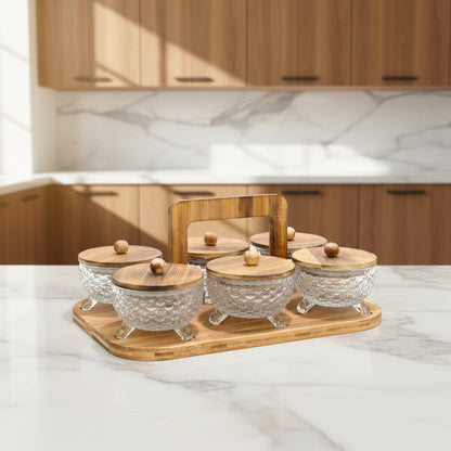 6-Piece Crystal Glass Dry Fruit & Snack Serving Set with Wooden Stand