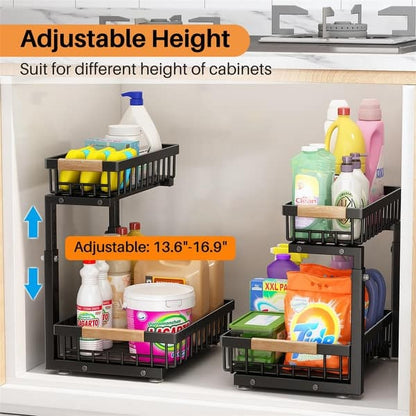 2-Tier Adjustable Under Sink Organizer Rack with Sliding Baskets