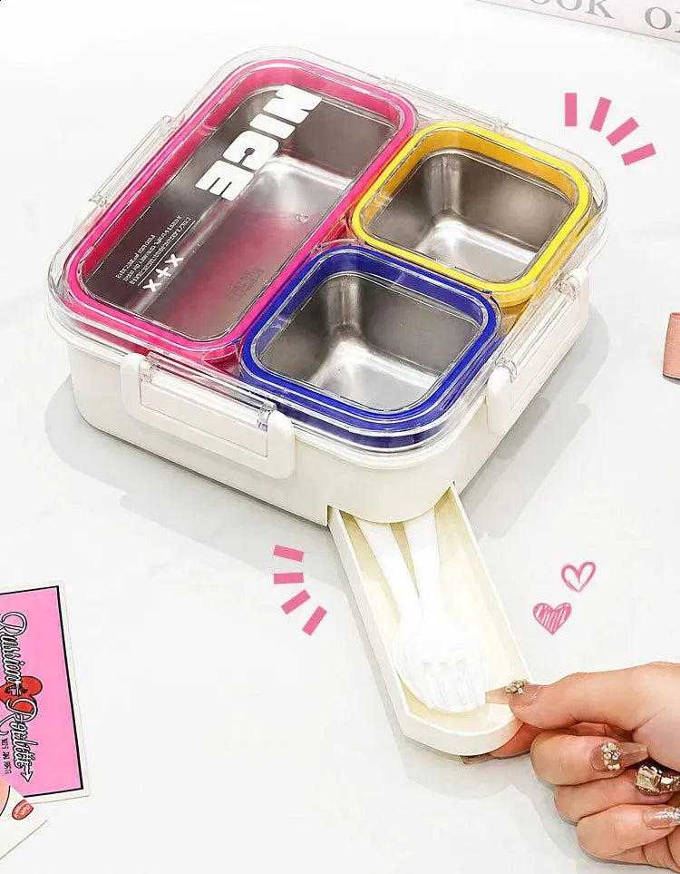 304 Stainless Steel 4 Compartment Lunch Box with Cutlery Storage