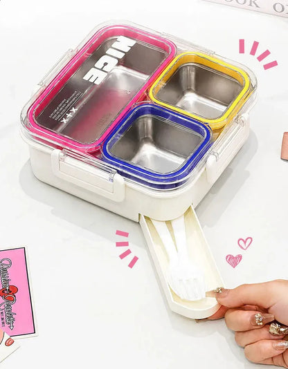 304 Stainless Steel 4 Compartment Lunch Box with Cutlery Storage