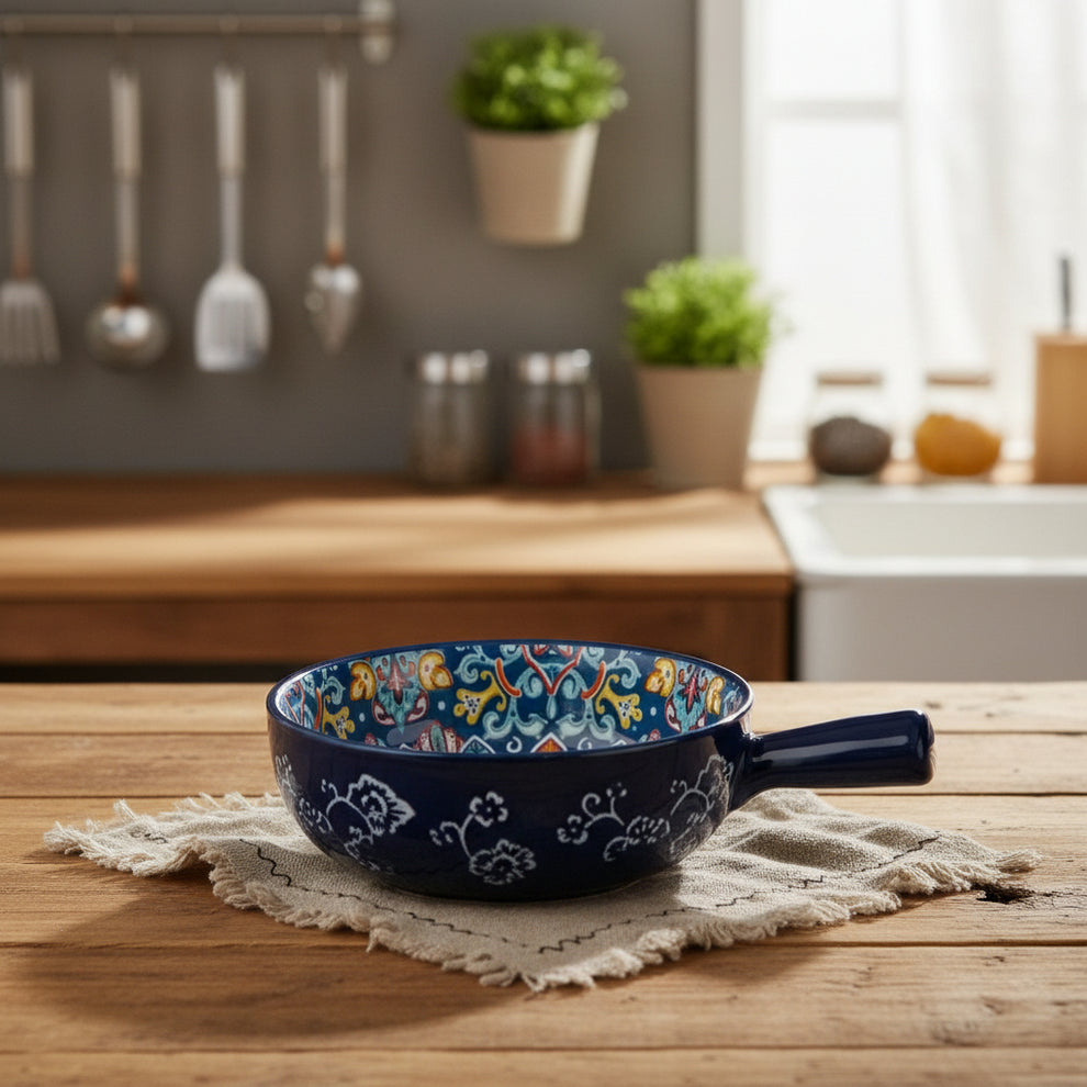 Handcrafted 6-Inch Bohemian Ceramic Handled Soup & Salad Bowl