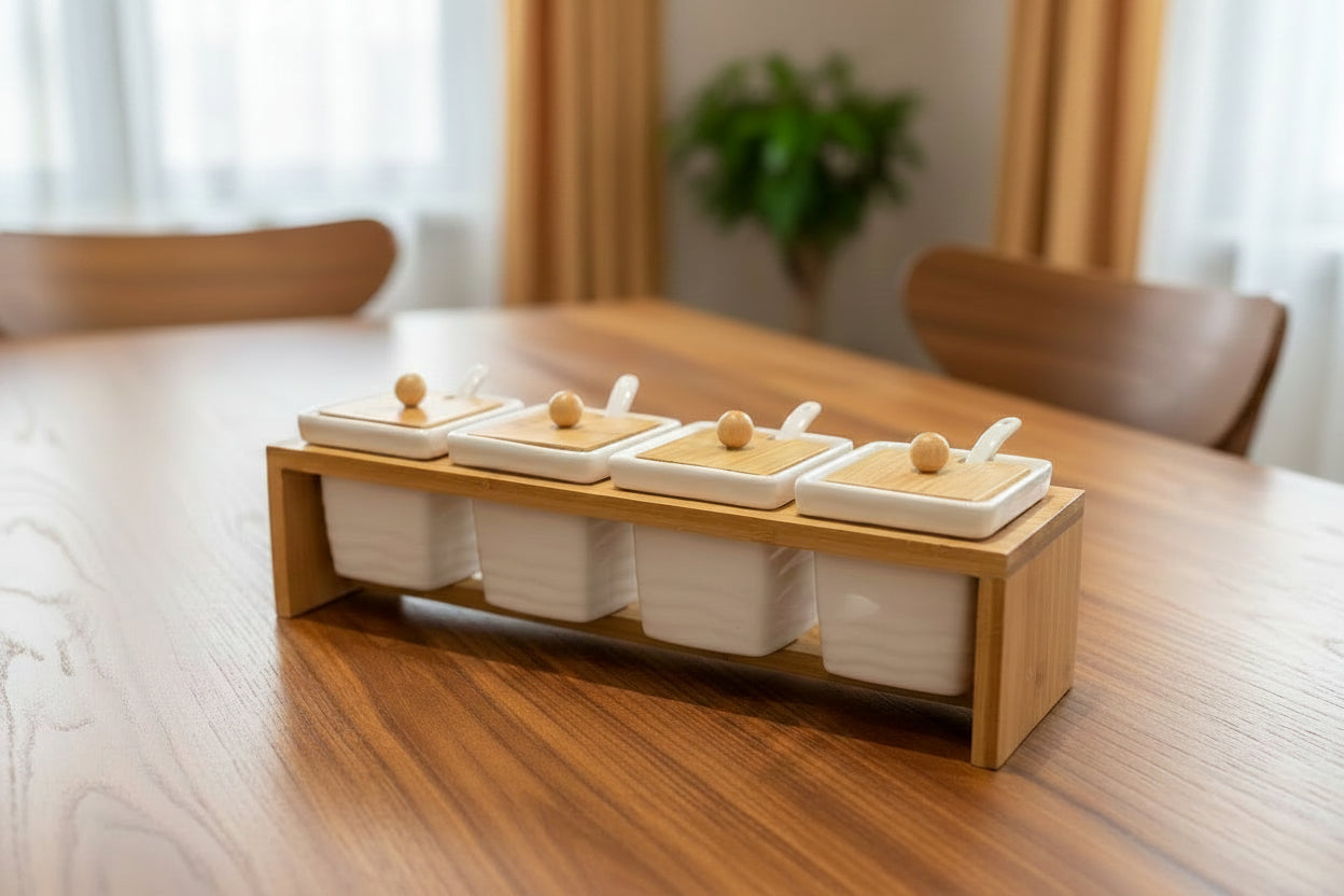 4-Piece Ceramic Condiment Set with Bamboo Stand - My Store