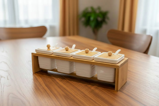 4-Piece Ceramic Condiment Set with Bamboo Stand - My Store