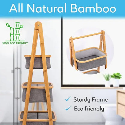 2/3-Tier Natural Bamboo Storage Rack with Fabric Baskets – Foldable & Multi-Purpose