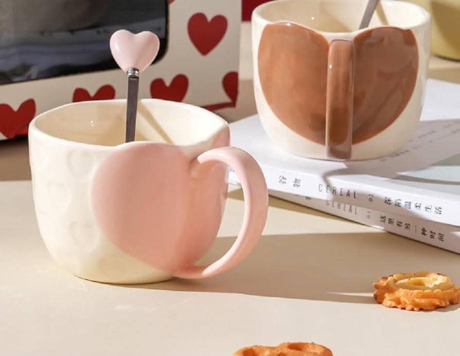 SweetHeart Ceramic Mug Gift Set with Heart Spoons – 2 Pieces (350ml)