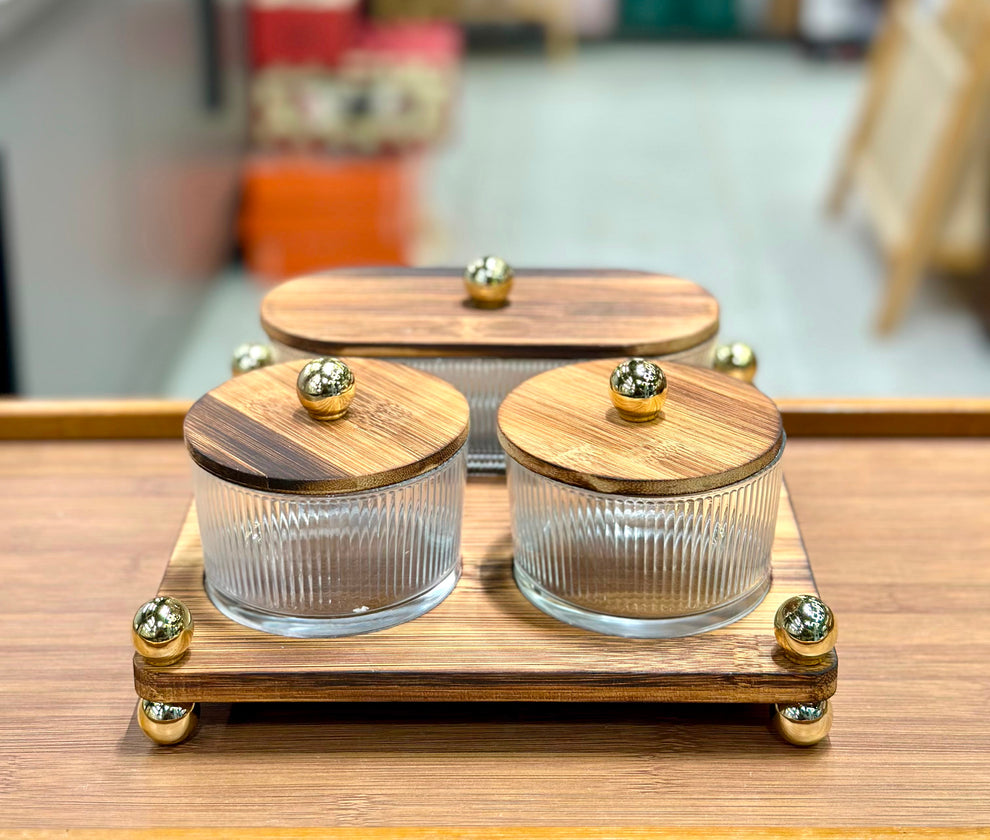 Luxury Fluted Glass Spice & Condiment Jar Set with Wooden Tray & Gold Accents