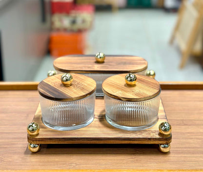 Luxury Fluted Glass Spice & Condiment Jar Set with Wooden Tray & Gold Accents