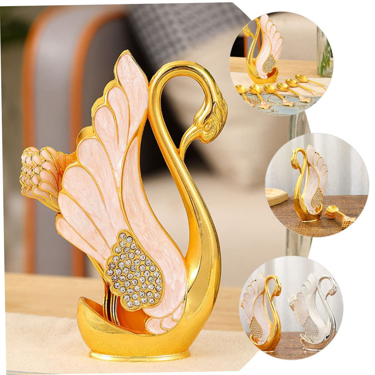 Elegance Enamel Swan Cutlery Holder with 6 Spoons