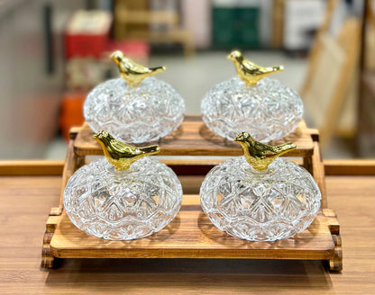 Luxury 4-Jar Crystal Treat Serving Set with Wooden Stand