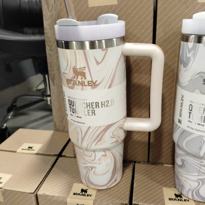 Marble Design Insulated Stainless Steel Travel Tumbler with Handle & Straw – 887ml (30oz)
