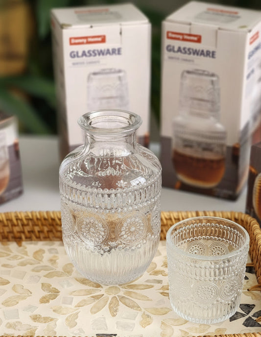 Danny Home Luxury Embossed Glass Bedside Carafe Set (600ml)