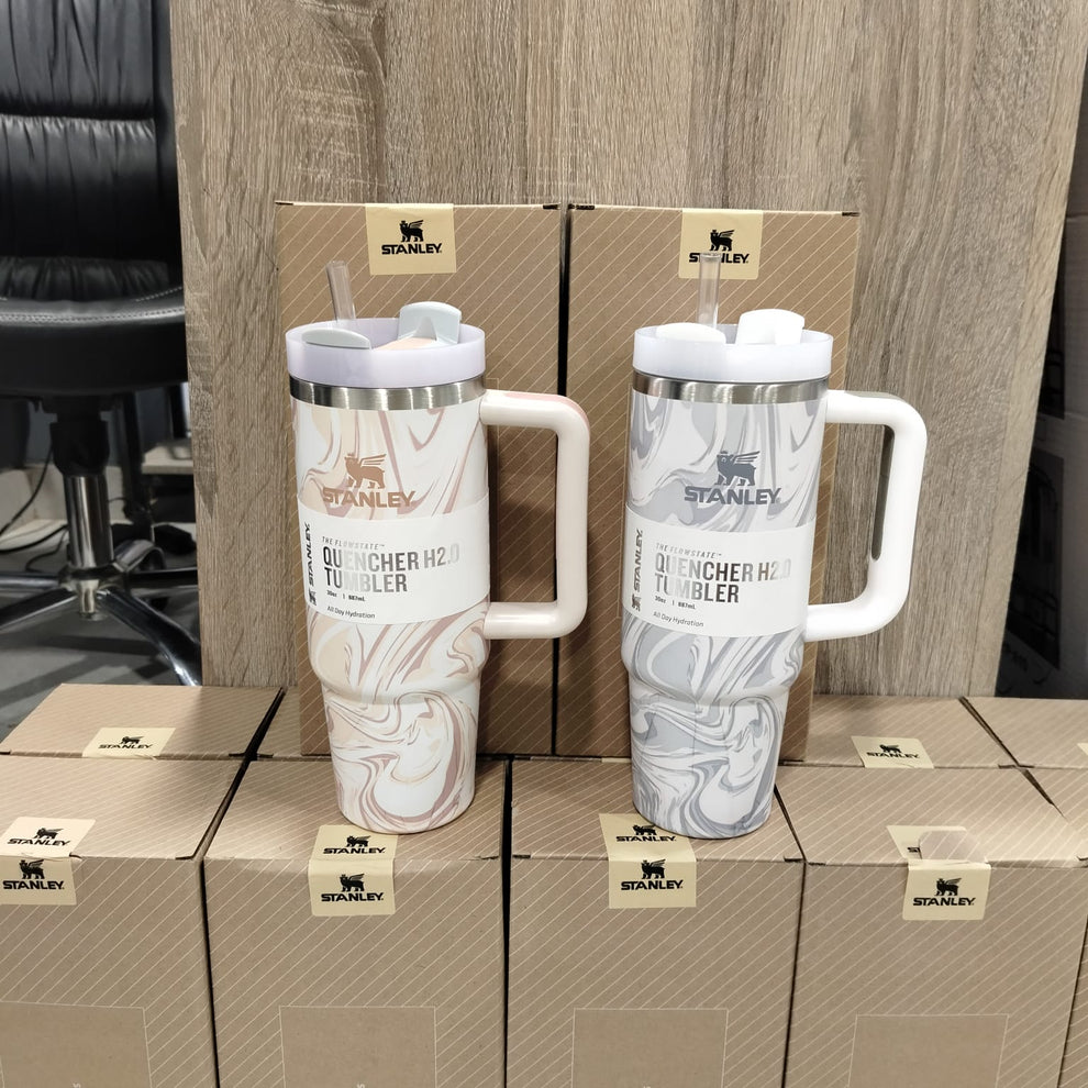 Marble Design Insulated Stainless Steel Travel Tumbler with Handle & Straw – 887ml (30oz)