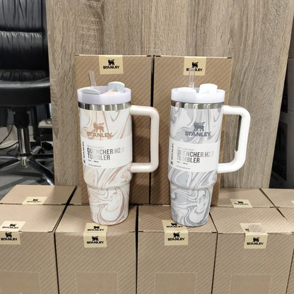 Marble Design Insulated Stainless Steel Travel Tumbler with Handle & Straw – 887ml (30oz)