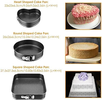 3-Piece Non-Stick Springform Cake Pan Set (Heart, Round & Square) - My Store
