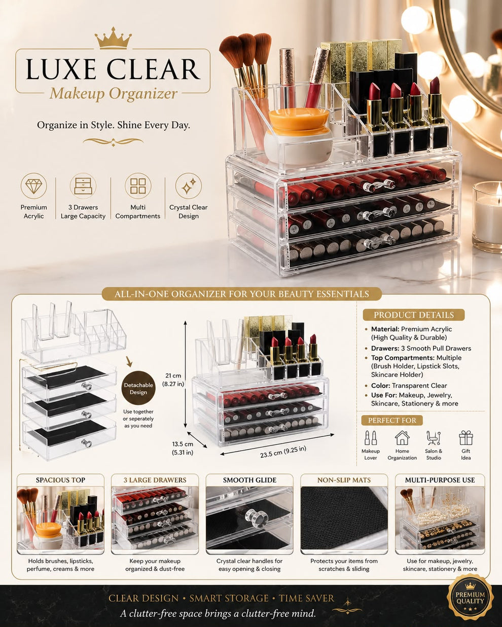 3-Tier Clear Acrylic Makeup Organizer with 3 Drawers & Top Storage