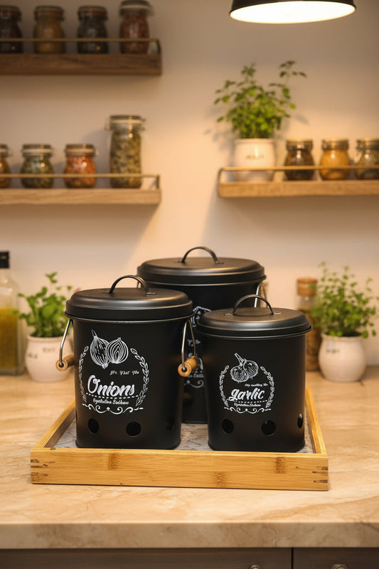 3-Piece Air-Ventilated Metal Canister Set for Potatoes, Onions & Garlic