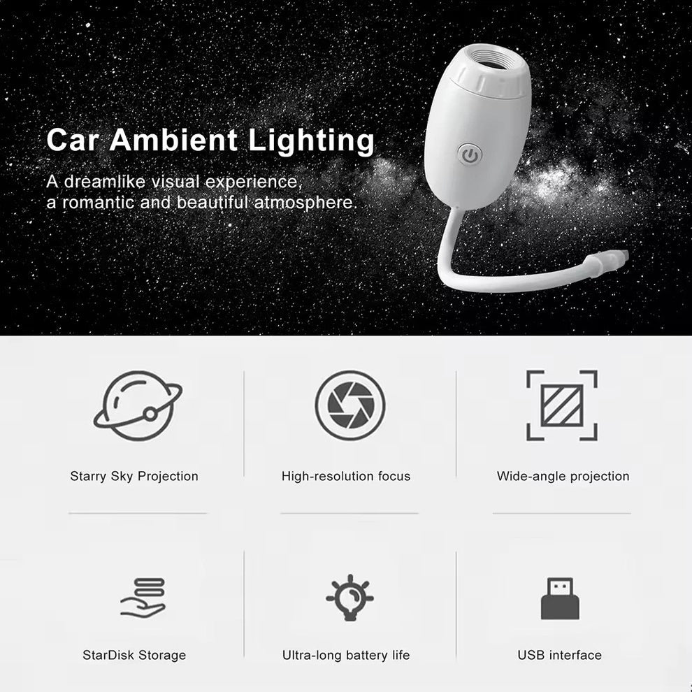 USB Car Starry Sky Projector Light – 360° Flexible Galaxy Ambient Light