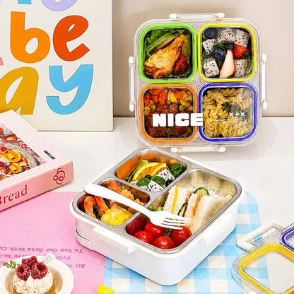 304 Stainless Steel 4 Compartment Lunch Box with Cutlery Storage