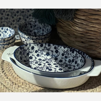 Danny Home Blue Floral Ceramic Baking & Serving Bowl