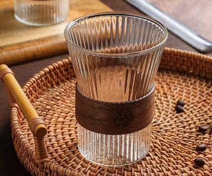 Danny Home Pro Ribbed Glass Cup Set with Wooden Sleeves – 2 Pcs