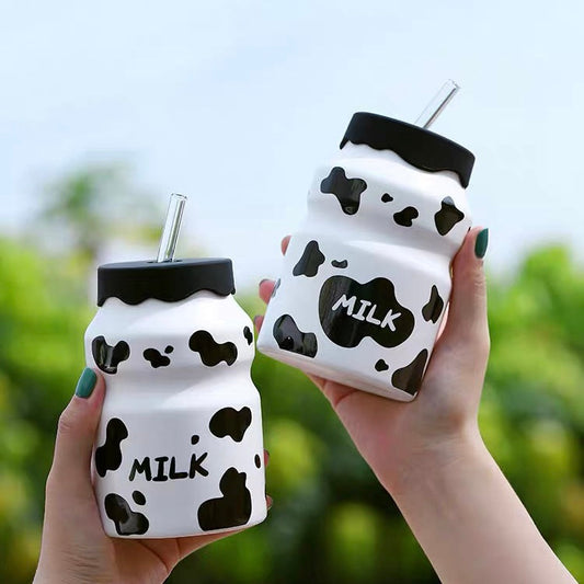 Ceramic Cow Print Milk Bottle Tumbler with Silicone Lid & Glass Straw