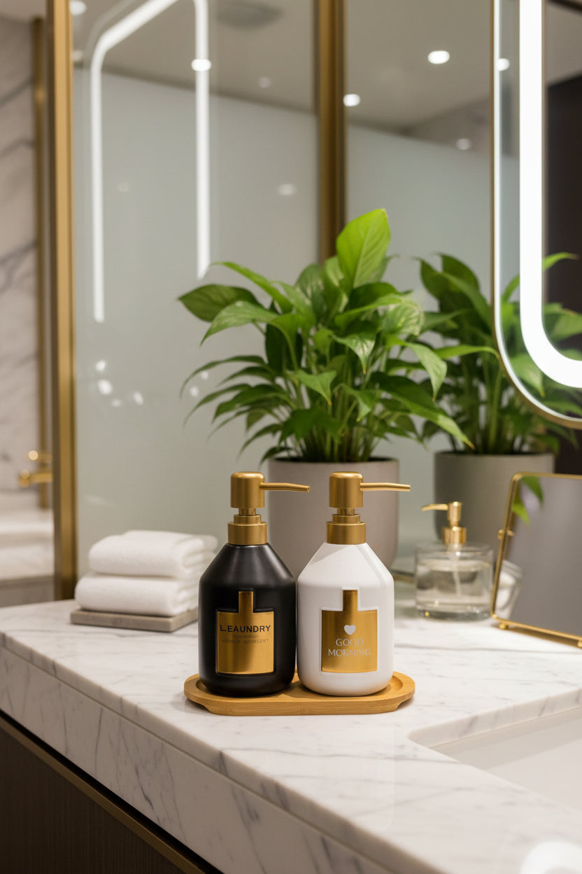 Luxury Soap & Detergent Dispenser Set with Wooden Tray