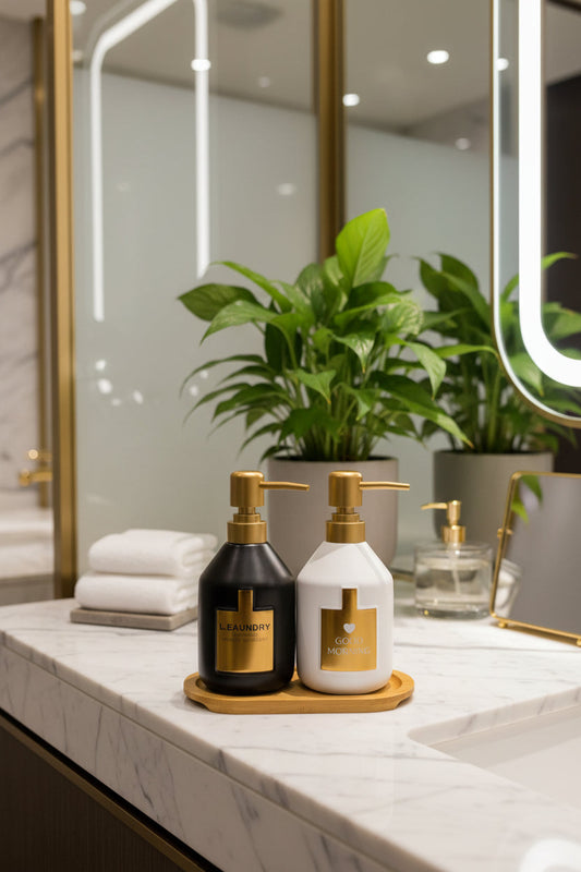 Luxury Soap & Detergent Dispenser Set with Wooden Tray