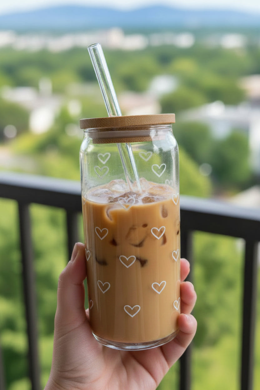 New Aesthetic Can-Shaped Iced Tea Glass with Bamboo Lid & Glass Straw – 450ml