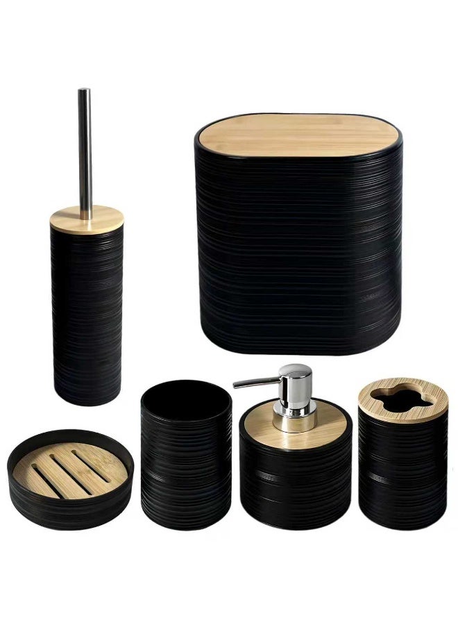 Modern 6-Piece Bathroom Accessories Set – Matte Black & Bamboo