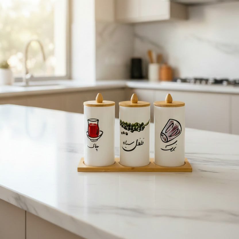 3-Piece Ceramic Kitchen Storage Jar Set with Bamboo Lids & Wooden Tray (Tea, Black Pepper & Salt)