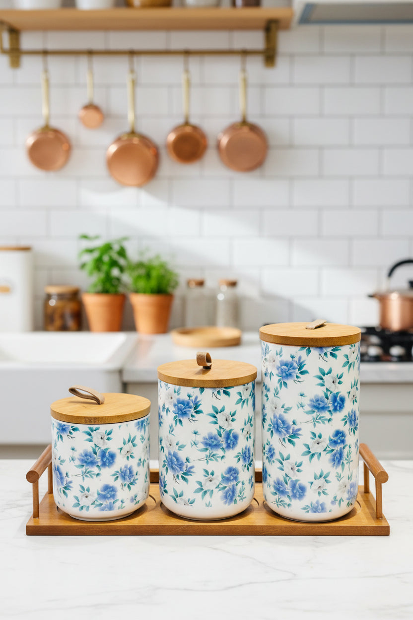 3-Piece Floral Ceramic Kitchen Storage Canister Set with Wooden Tray & Bamboo Lids