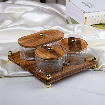Luxury Fluted Glass Spice & Condiment Jar Set with Wooden Tray & Gold Accents