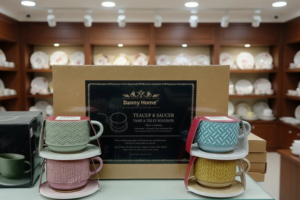 Danny Home™ Embossed Ceramic Tea Cup & Saucer 6 pcs Set – 230ml