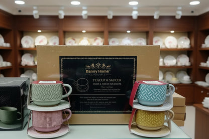 Danny Home™ Embossed Ceramic Tea Cup & Saucer 6 pcs Set – 230ml