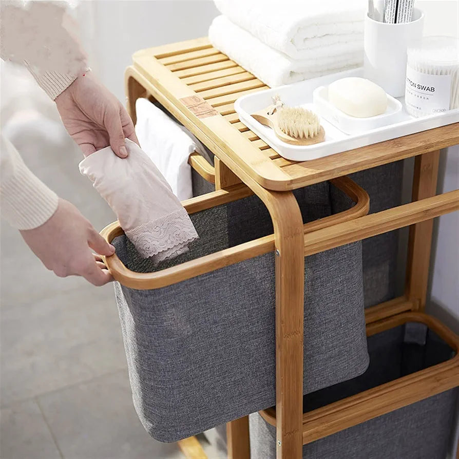 Multi-Tier Bamboo Laundry Sorter with Shelf