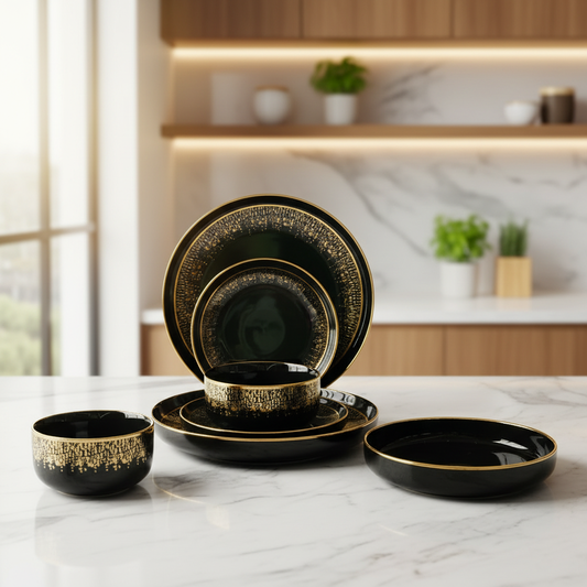 Luxury 24-Piece Black & Gold Dinner Set