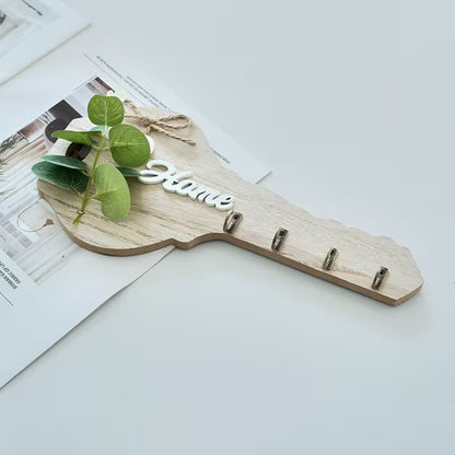 Aesthetic Key-Shaped Wooden Wall Key Holder with 4 Hooks