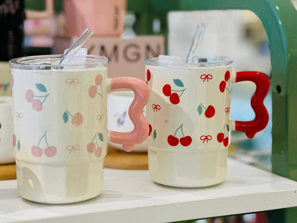 7-Inch Cherry & Ribbon Ceramic Mug with Lid & Glass Straw