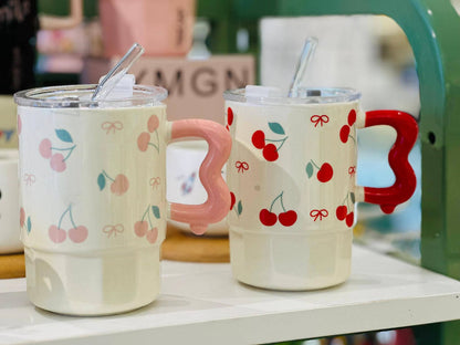 7-Inch Cherry & Ribbon Ceramic Mug with Lid & Glass Straw