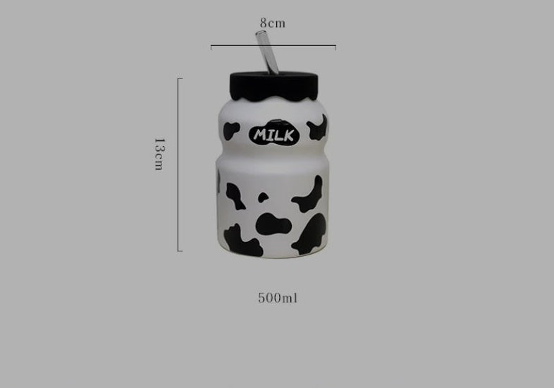 Ceramic Cow Print Milk Bottle Tumbler with Silicone Lid & Glass Straw