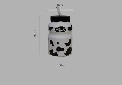 Ceramic Cow Print Milk Bottle Tumbler with Silicone Lid & Glass Straw