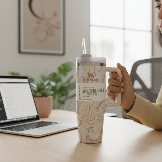 Marble Design Insulated Stainless Steel Travel Tumbler with Handle & Straw – 887ml (30oz)