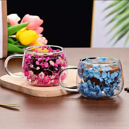 🌸 Double Wall Glass Mug with Dried Flowers (450ml)