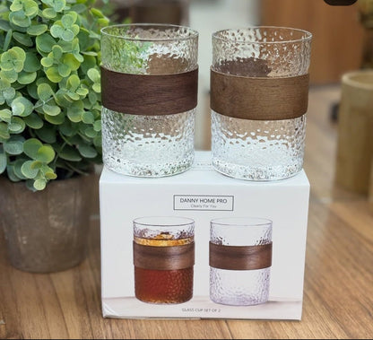 Danny Home Pro Textured Glass Cup Set with Wooden Sleeve – 2 Pieces (310ml)