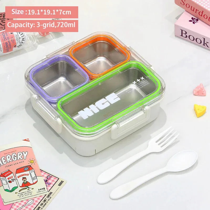304 Stainless Steel 4 Compartment Lunch Box with Cutlery Storage